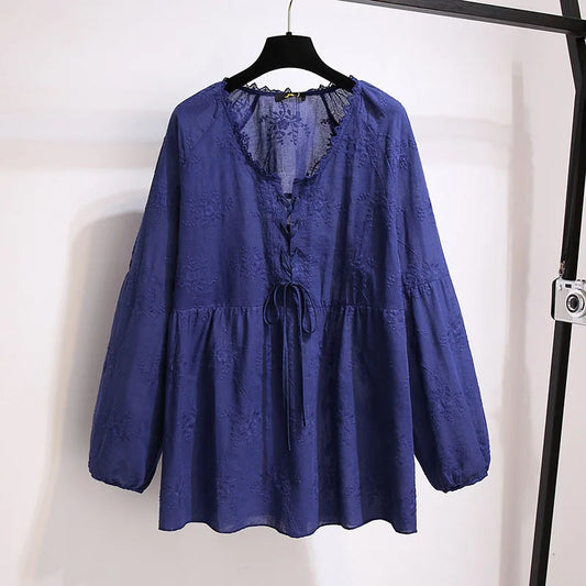 150Kg Plus Size Spring Autumn Sweet A-line Lace Embroidered Doll Shirt bust 153cm 5XL 6XL 7XL 8XL 9XL Loose Long-Sleeved Shirt