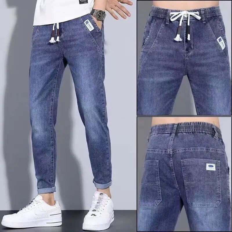 Men's Spring and Autumn Drawstring Hip Hop Joggers Casual Denim Jeans 2024 New Slim-fit Streetwear Harem Pants Trousers for Men