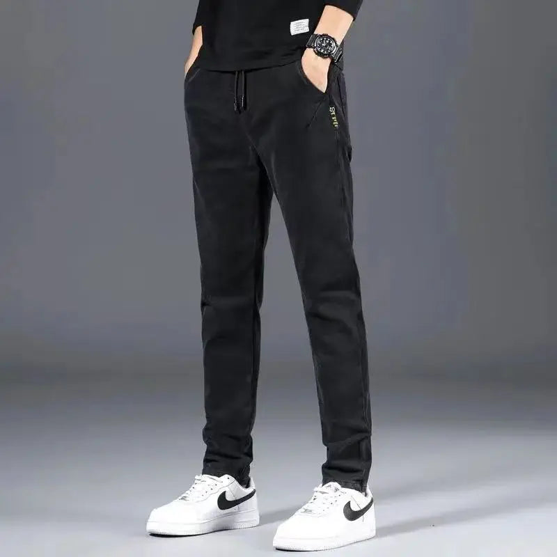 Men's Spring and Autumn Drawstring Hip Hop Joggers Casual Denim Jeans 2024 New Slim-fit Streetwear Harem Pants Trousers for Men