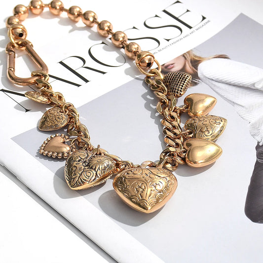 Exaggerate Metal Heart Bead Link Necklace for Women Vintage Elegant Gold Color Geometric Love Necklaces Jewelry Accessories