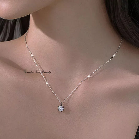 Temperament Shining Zircon Trendy Sterling Silver Choker Necklace Simple Chain Elegant Wedding Pendant for Women Jewelry Gift