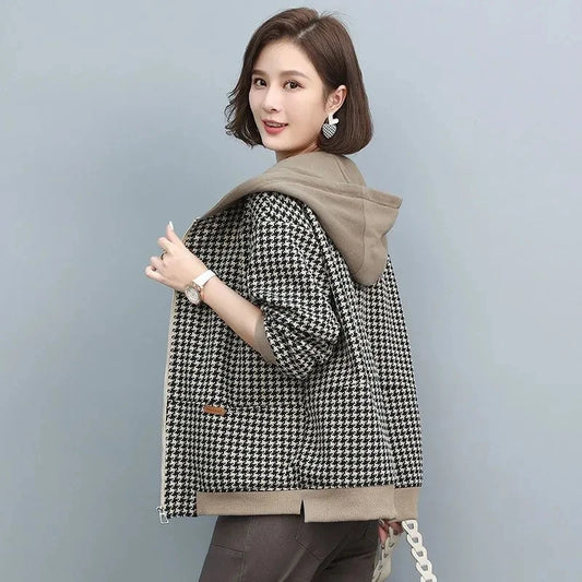 2024 Autumn Winter New Middle-aged and elderly Mothers Short Jacket Women's Patchwork Hooded Plaid Coat Casual Tops