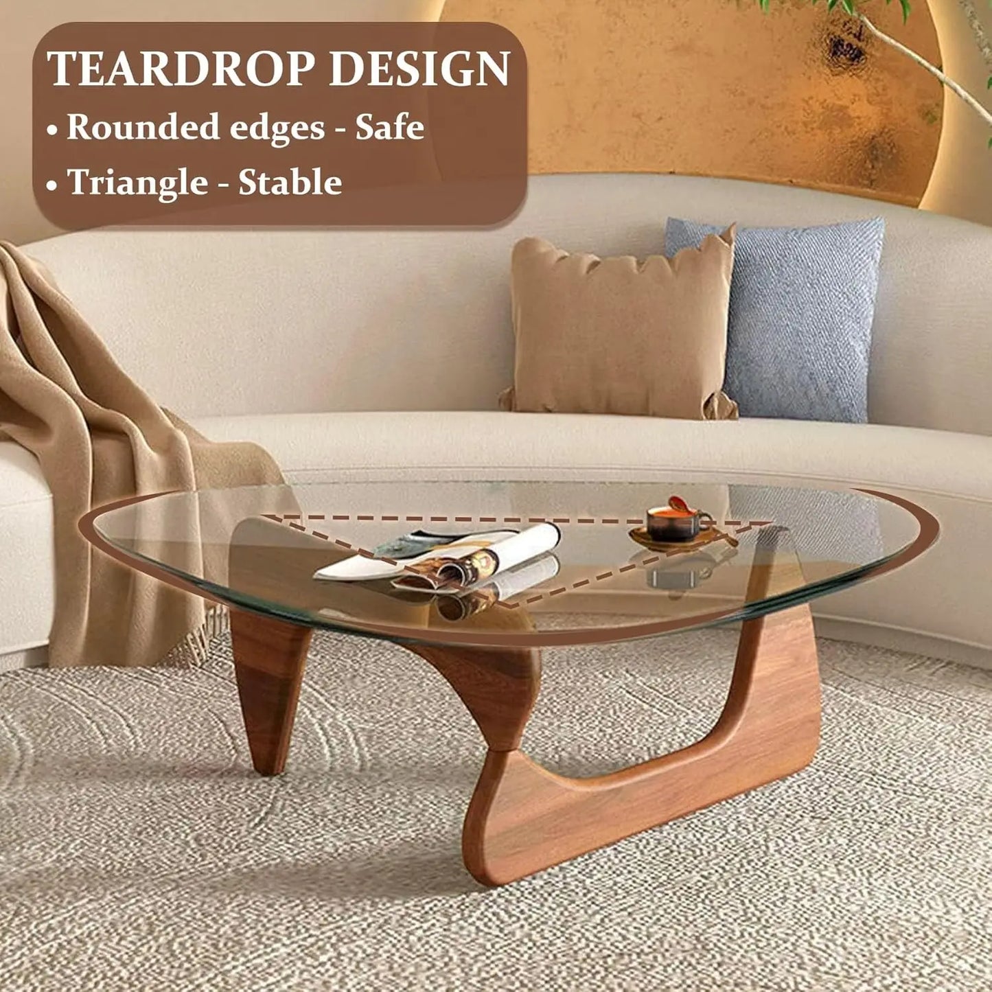 Tables for Living Room - Triangle Glass Coffee Table with Wooden Base Mid-Century Modern Abstract End Table for Study Room Offic