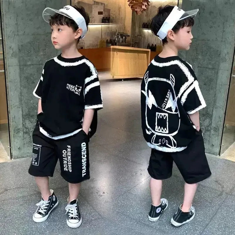 Summer Casual Boys Cotton Contrast Alphabet Graffiti t-Shirt Top+Shorts Pant Set School Kids Tracksuit Child 2PCS Outfit 5-14 Yr