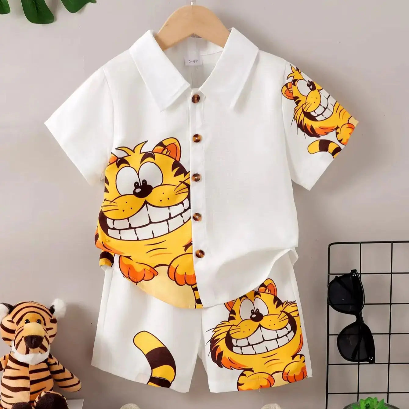 2PCS Summer Kid Boy Gentlemen Clothes Set Kitten Pattern Lapel Collar Top with Shorts First Birthday Wear for Toddlers 1-6 Y ear