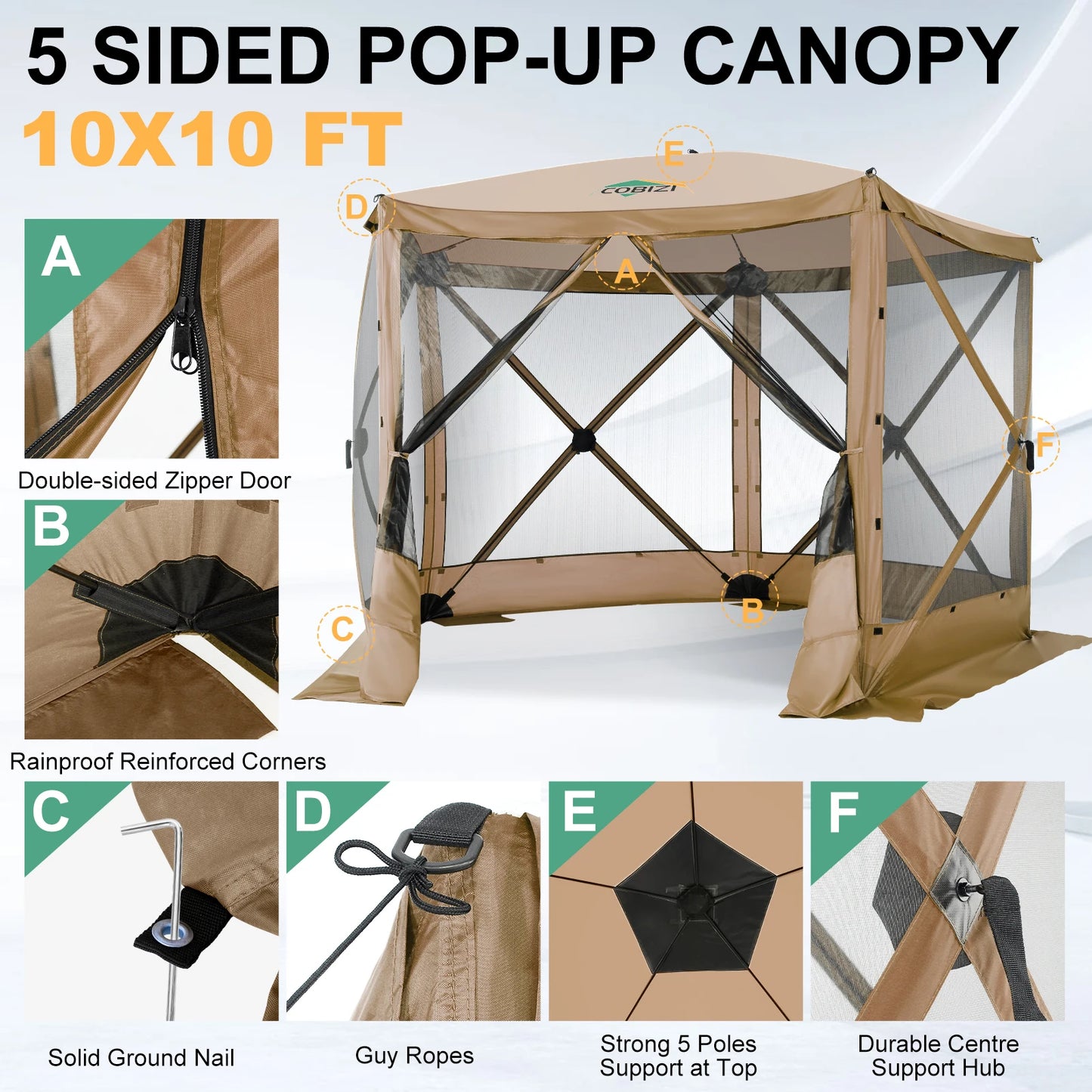 Pop up Gazebo Screen Tent Screen House for Camping,10x10ft,5 Sided Pop-up Camping Canopy Shelter Tent with Mesh Windows,Hub Tent