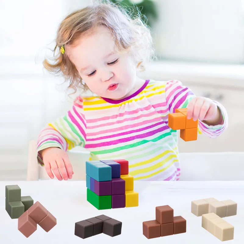 1set 3x3x3 Silicone Building Block Baby Silicone Teether Geometric Square Soft Block Folding Educational Game Toys For Kids Gift