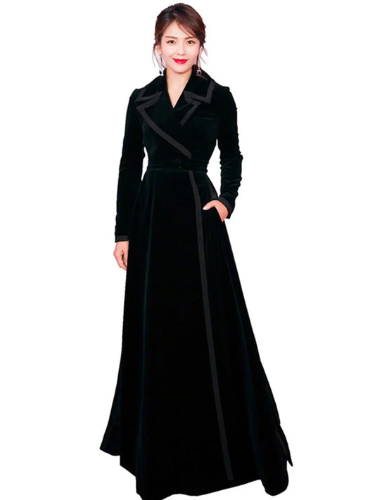 JAMERARY Winter Runway Velvet Maxi Coat Women Vintage Notched Collar Wrap Black Thick Warm Long Trench Coat Outwear