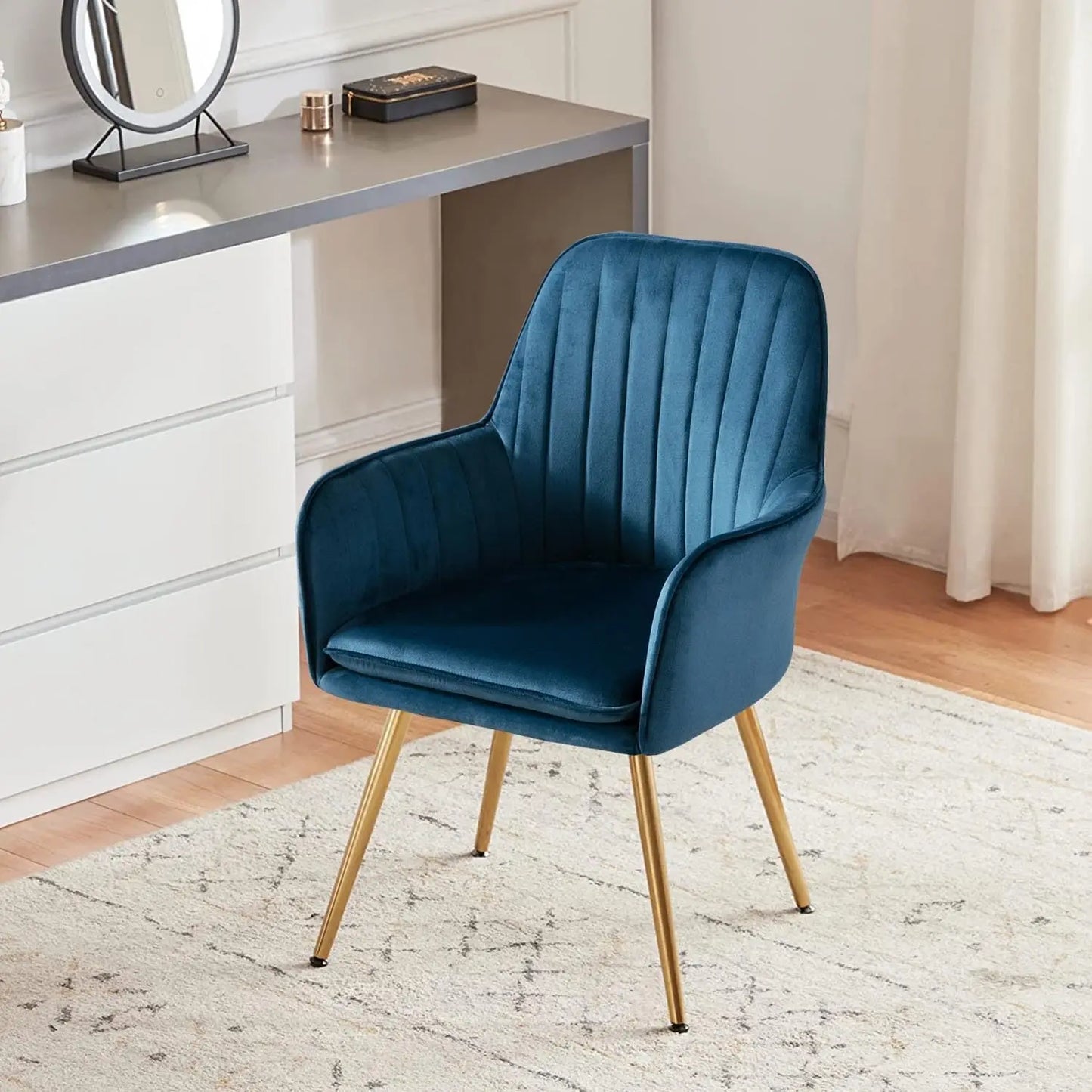 Velvet Accent Chair, Home Office Desk Chair No Wheels, Modern Dinging Chair, Living Room Bedroom Arm Chair, Girls Vanity Chair