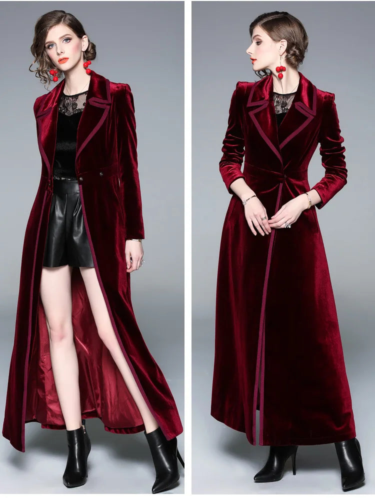 JAMERARY Winter Runway Velvet Maxi Coat Women Vintage Notched Collar Wrap Black Thick Warm Long Trench Coat Outwear