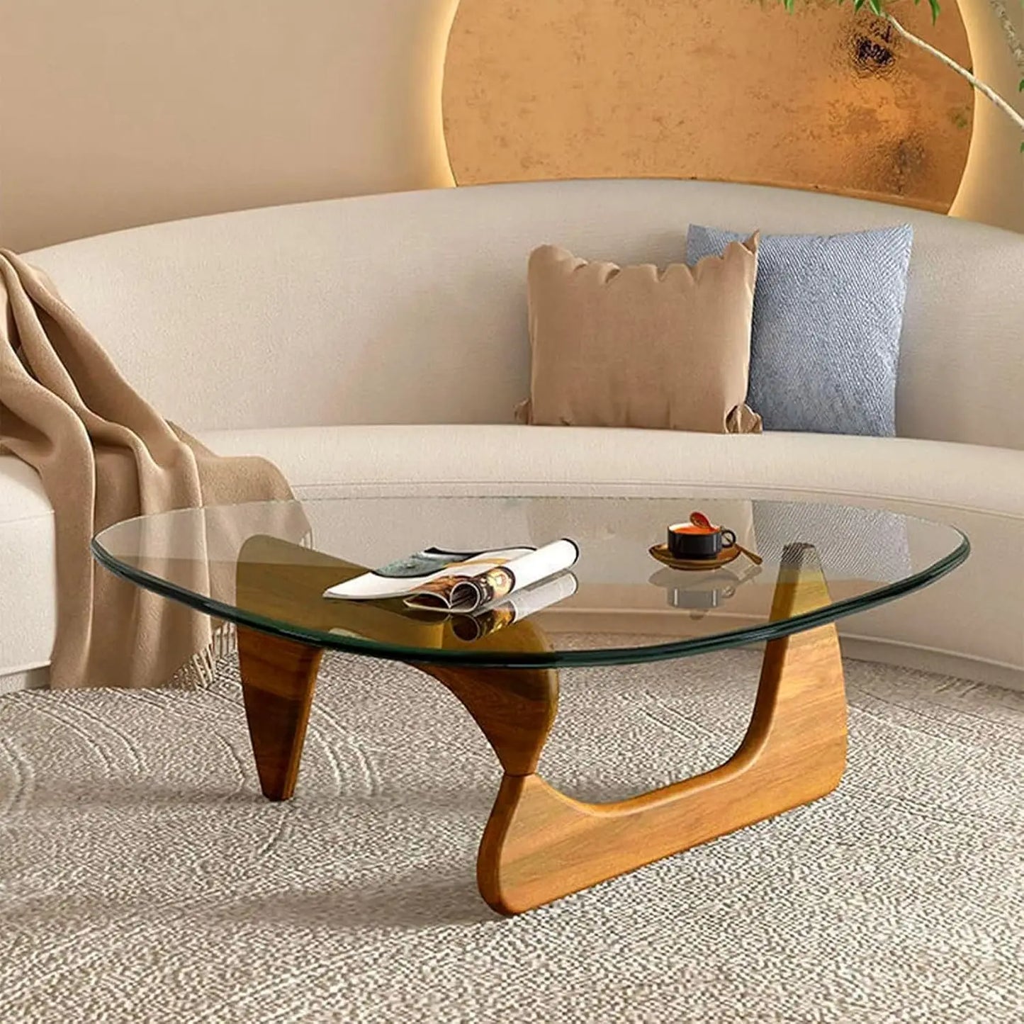 Tables for Living Room - Triangle Glass Coffee Table with Wooden Base Mid-Century Modern Abstract End Table for Study Room Offic