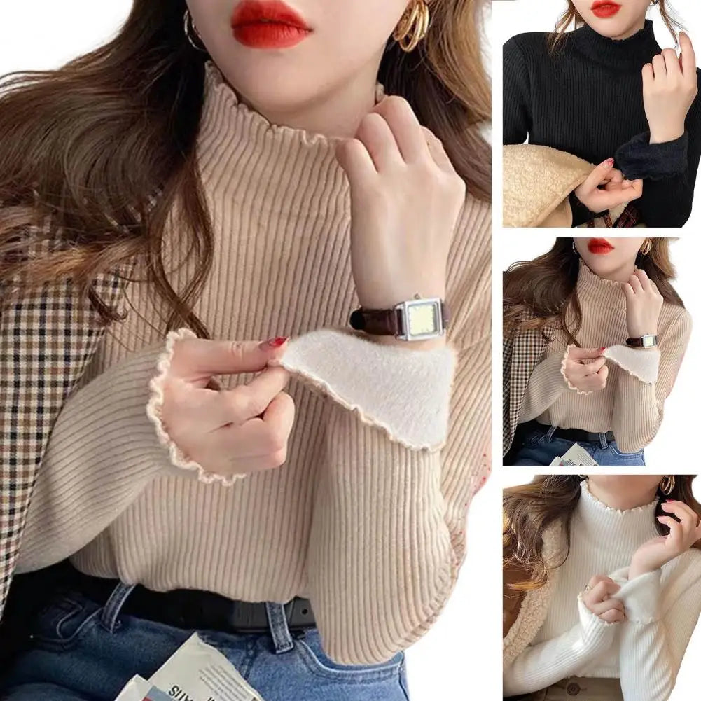 Winter Plus Velvet Warm Crimping Turtleneck Sweater Korean Elastic Knitwear Clothes Women Thicken Slim Long Sleeve Pullover 2023