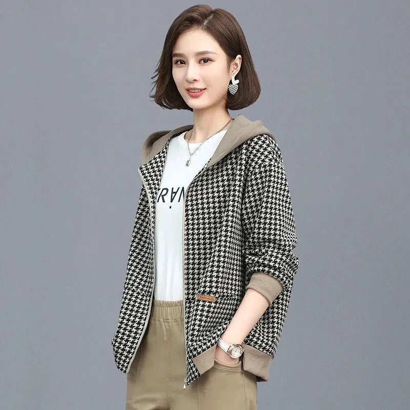 2024 Autumn Winter New Middle-aged and elderly Mothers Short Jacket Women's Patchwork Hooded Plaid Coat Casual Tops