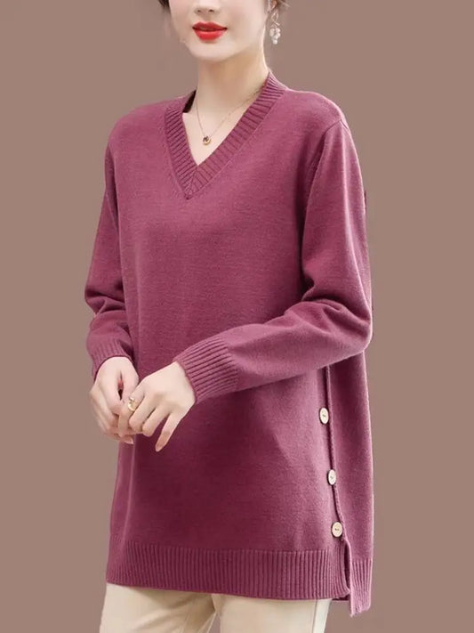 Plus Size 6XL 150kg Winter V Neck Sweater Solid Color Long Sleeve Women Knitted weater Split Big Size Sweater