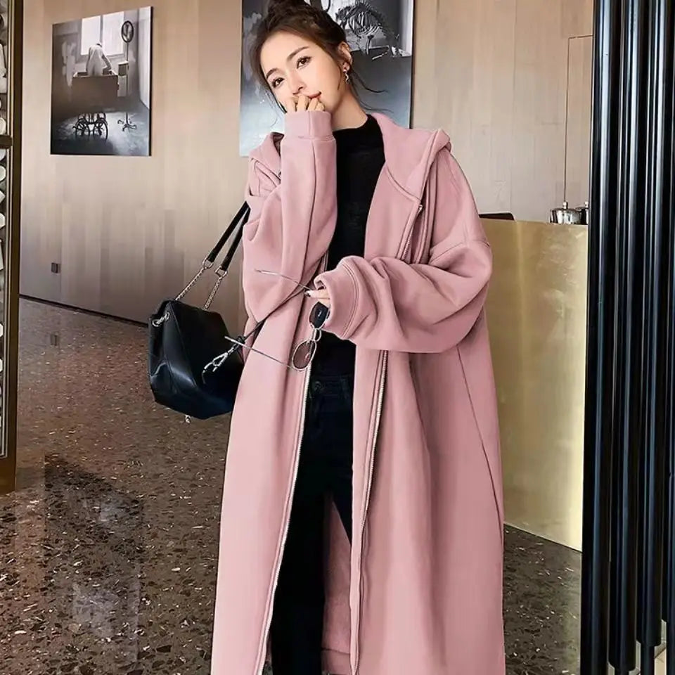 Casual Long Hooded Sweatshirt for Women Autumn Winter Fleece Thicken Loose Long Sleeve Zipper Hooded Cardigan Coats Oversized