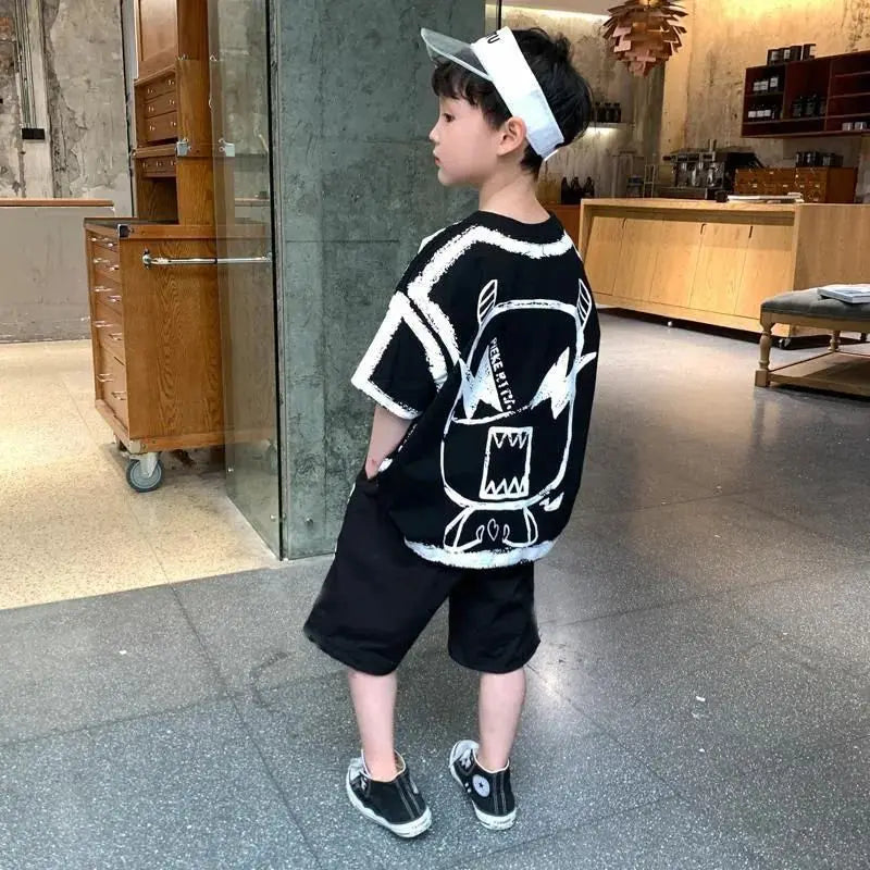 Summer Casual Boys Cotton Contrast Alphabet Graffiti t-Shirt Top+Shorts Pant Set School Kids Tracksuit Child 2PCS Outfit 5-14 Yr