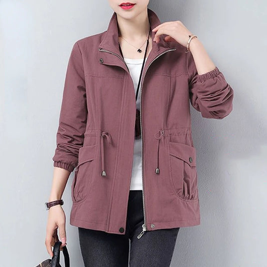 Double Layer Women Spring Autumn Korean Plus Size Lining Windbreaker Drawstring Waist Stand Collar Jacket Jackets for Women