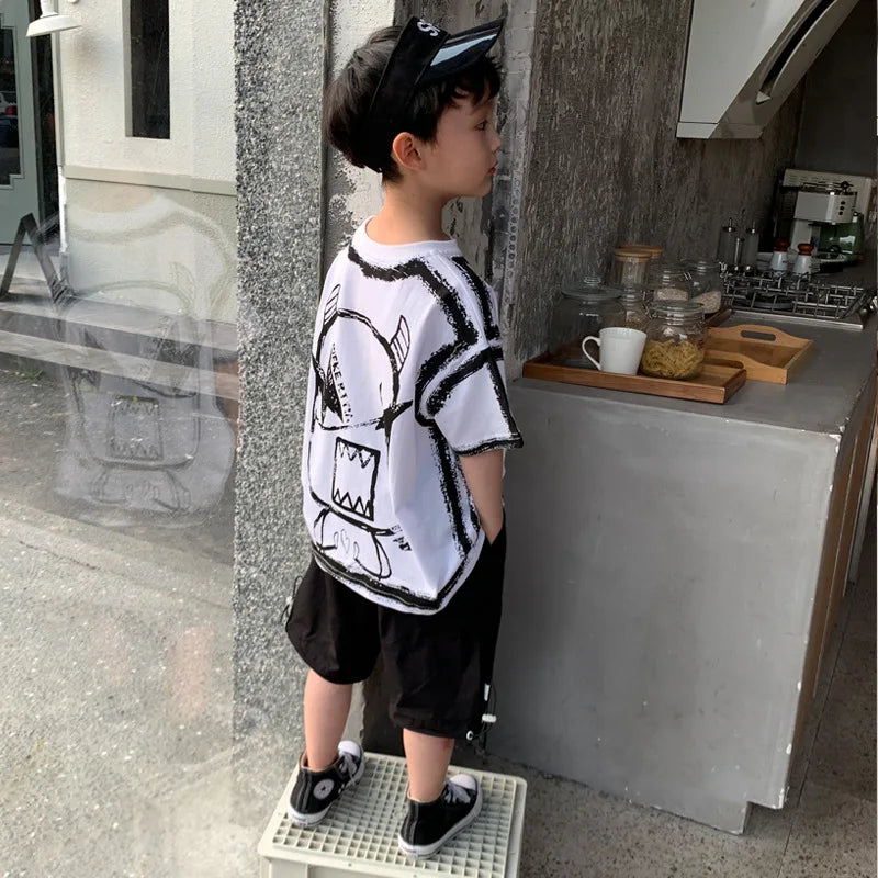 Summer Casual Boys Cotton Contrast Alphabet Graffiti t-Shirt Top+Shorts Pant Set School Kids Tracksuit Child 2PCS Outfit 5-14 Yr