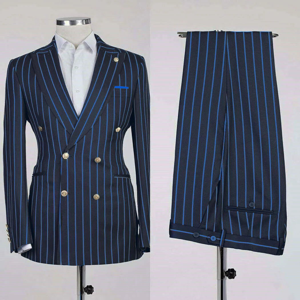 Men's Suits Stripe Business Blazer Sets 2 Pcs Male Coat with Pants Double Breasted Jacket British Style Pantsuits Customized