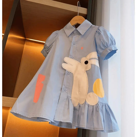 Baby Girls Dresses Kids Short Sleeved Cartoon Dress Toddler Blue Costume 2024 1 To 8 Yrs Children's Korean Style Clothing