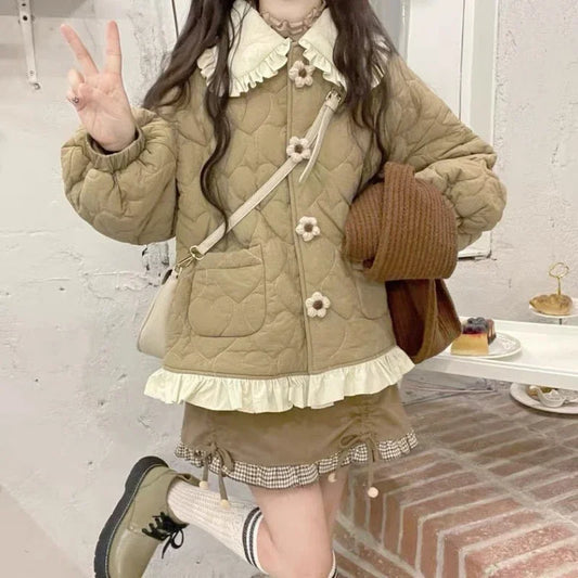 Korean Style Cute Loose Warm Winter Jacket Women Chic Ruffle Neck Sweet Parkas Overcoat Japanese Harajuku Kawai Padded Coat 2023