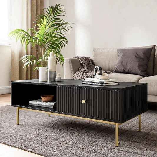 Fluted Coffee Table, Modern Coffee Table with Drawer, 43.3 Inch Rectangle Coffee Table with Fluted Panel, Wooden Center Table