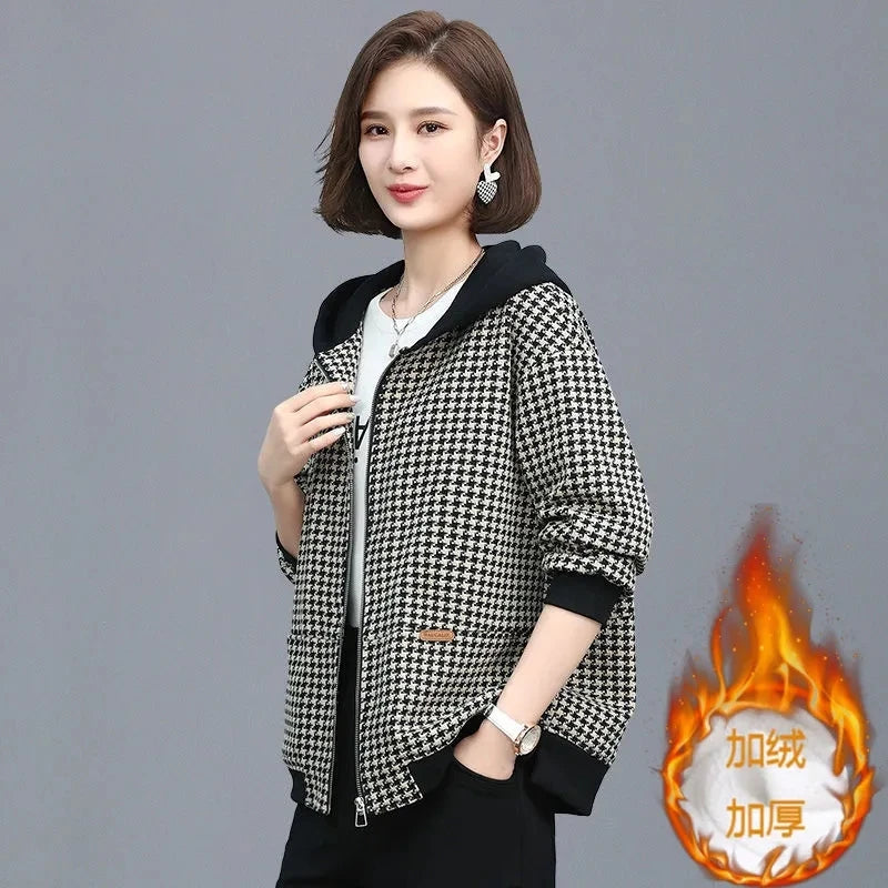 2024 Autumn Winter New Middle-aged and elderly Mothers Short Jacket Women's Patchwork Hooded Plaid Coat Casual Tops