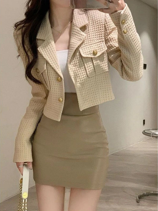 Vintage Blazer Two Piece Skirt Set Women Solid Elegant Casual Mini Skirt Suit Female Korean Style Button Designer Skirt Set 2022