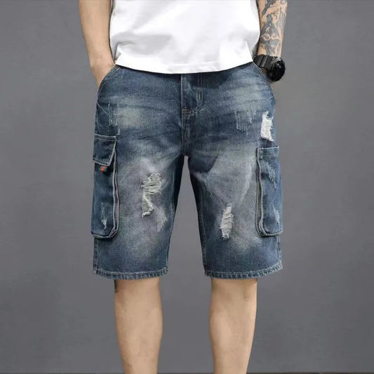 Man Denim Shorts Ripped Straight Half Long Short Jeans Pants for Men Bermuda Vintage Cowboy Jorts Korean Fashion Buttons Summer