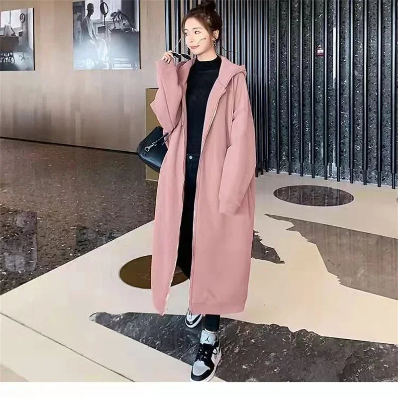 Casual Long Hooded Sweatshirt for Women Autumn Winter Fleece Thicken Loose Long Sleeve Zipper Hooded Cardigan Coats Oversized