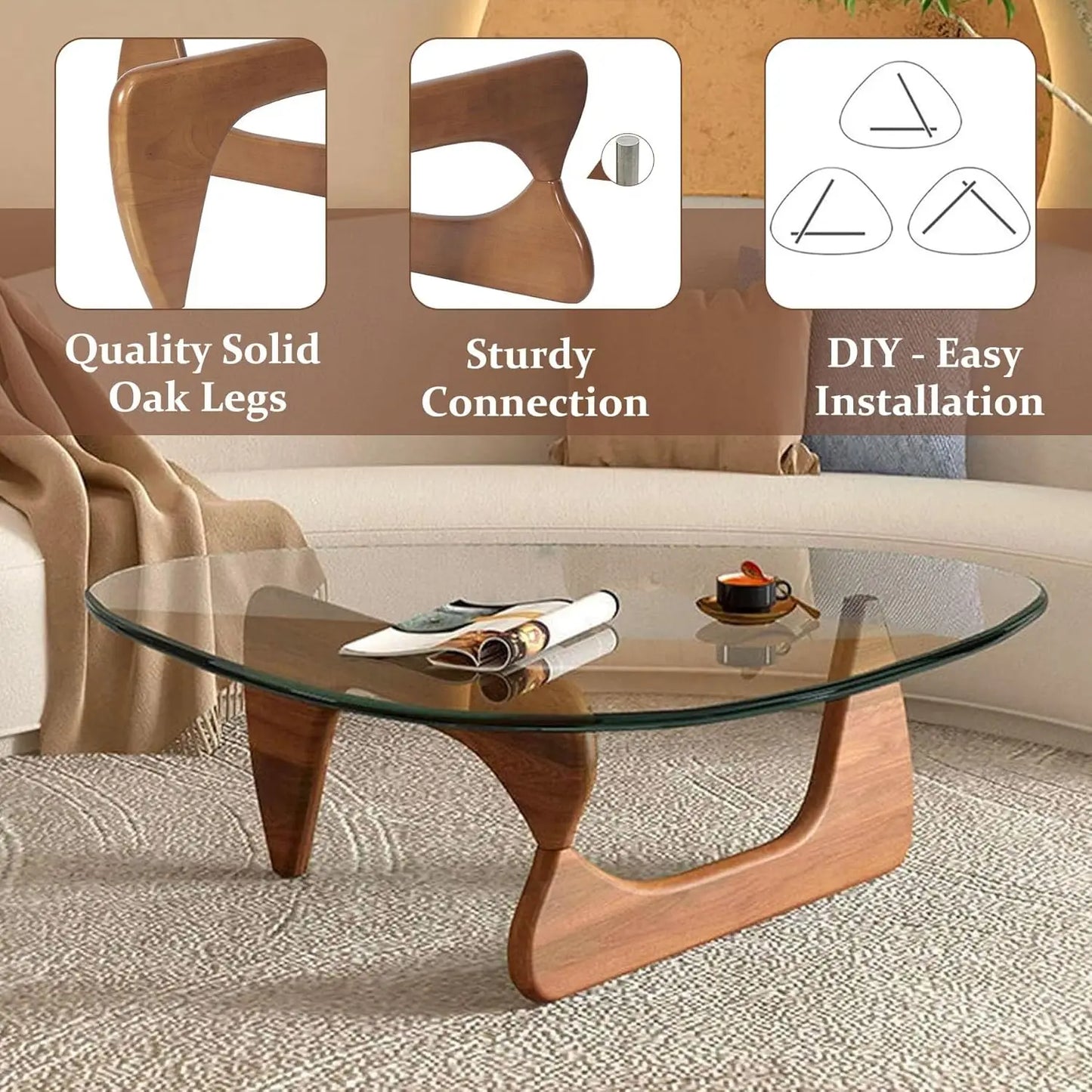 Tables for Living Room - Triangle Glass Coffee Table with Wooden Base Mid-Century Modern Abstract End Table for Study Room Offic