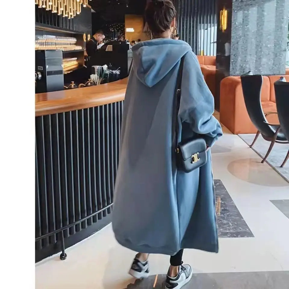 Casual Long Hooded Sweatshirt for Women Autumn Winter Fleece Thicken Loose Long Sleeve Zipper Hooded Cardigan Coats Oversized