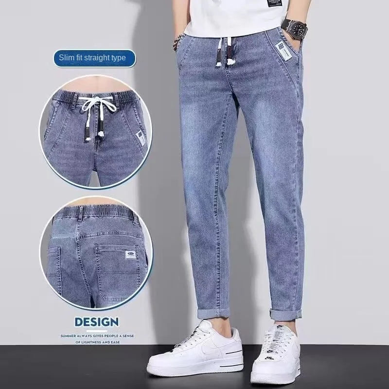 Men's Spring and Autumn Drawstring Hip Hop Joggers Casual Denim Jeans 2024 New Slim-fit Streetwear Harem Pants Trousers for Men