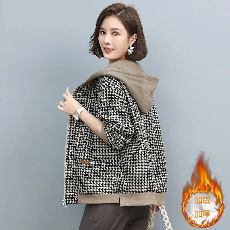 2024 Autumn Winter New Middle-aged and elderly Mothers Short Jacket Women's Patchwork Hooded Plaid Coat Casual Tops