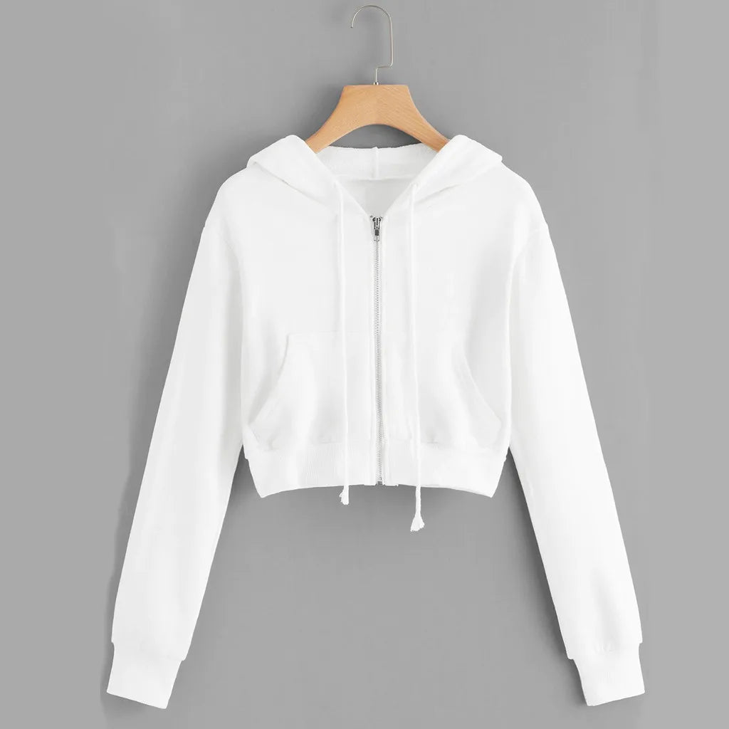 White Zip Up Hoodie Drawstring Long Sleeve Kpop Hooded Sweatshirt For Women Kawaii Harajuku Cropped Hoodie Sudaderas Para Mujer