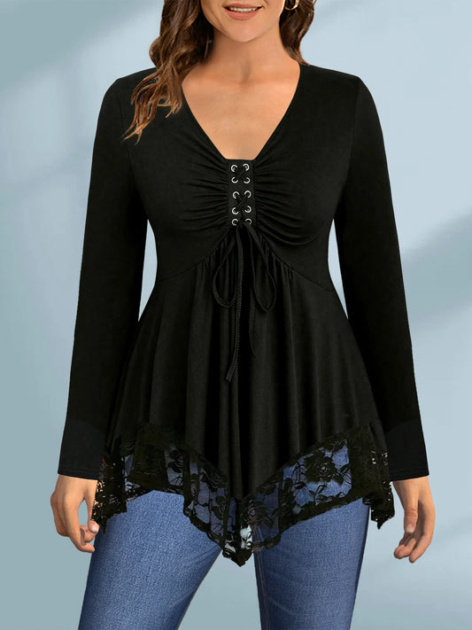 Women Plus Size Long Sleeve T shirt Casual Black Lace-Up Lace Patchwork V-Neck Autumn Spring Basic Soft Pullovers Tee Top