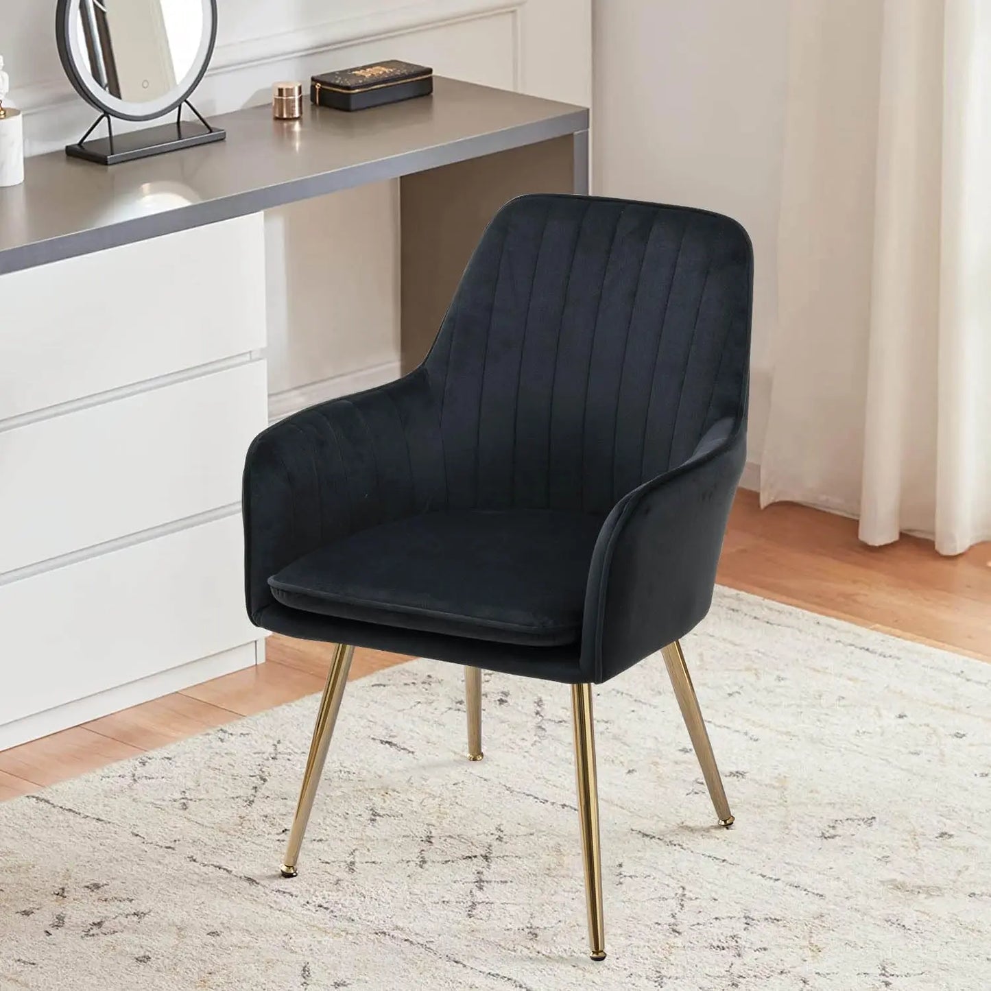 Velvet Accent Chair, Home Office Desk Chair No Wheels, Modern Dinging Chair, Living Room Bedroom Arm Chair, Girls Vanity Chair