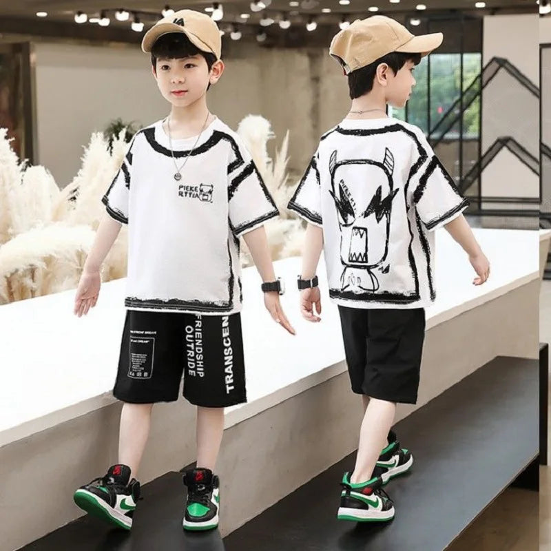 Summer Casual Boys Cotton Contrast Alphabet Graffiti t-Shirt Top+Shorts Pant Set School Kids Tracksuit Child 2PCS Outfit 5-14 Yr