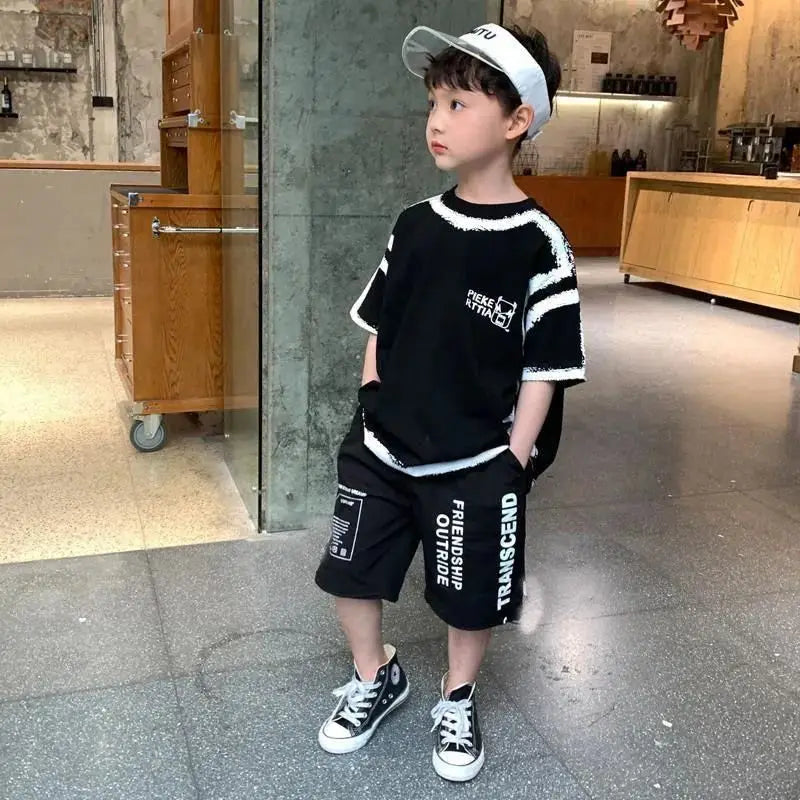 Summer Casual Boys Cotton Contrast Alphabet Graffiti t-Shirt Top+Shorts Pant Set School Kids Tracksuit Child 2PCS Outfit 5-14 Yr